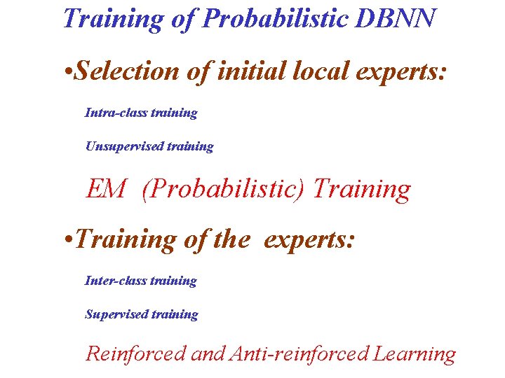 Training of Probabilistic DBNN • Selection of initial local experts: Intra-class training Unsupervised training Training of Probabilistic DBNN • Selection of initial local experts: Intra-class training Unsupervised training