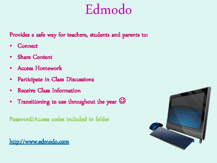 Edmodo Provides a safe way for teachers, students and parents to: • Connect •