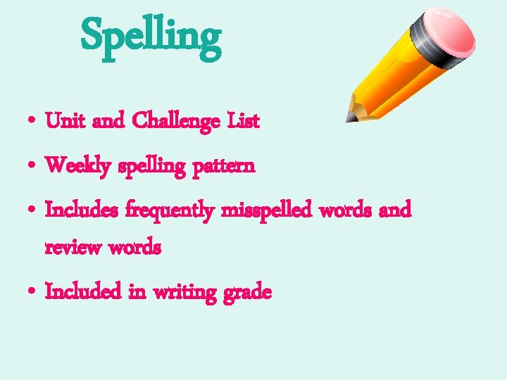 Spelling • Unit and Challenge List • Weekly spelling pattern • Includes frequently misspelled