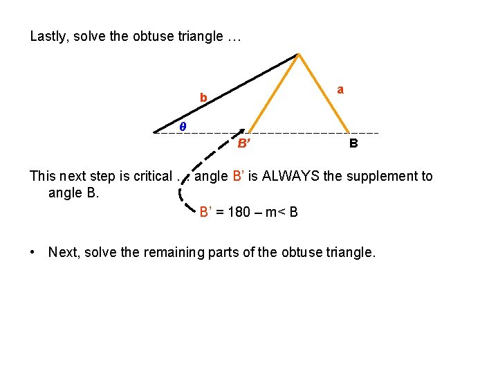 Lastly, solve the obtuse triangle … a b θ B’ B This next step