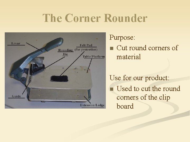 The Corner Rounder Purpose: n Cut round corners of material Use for our product: