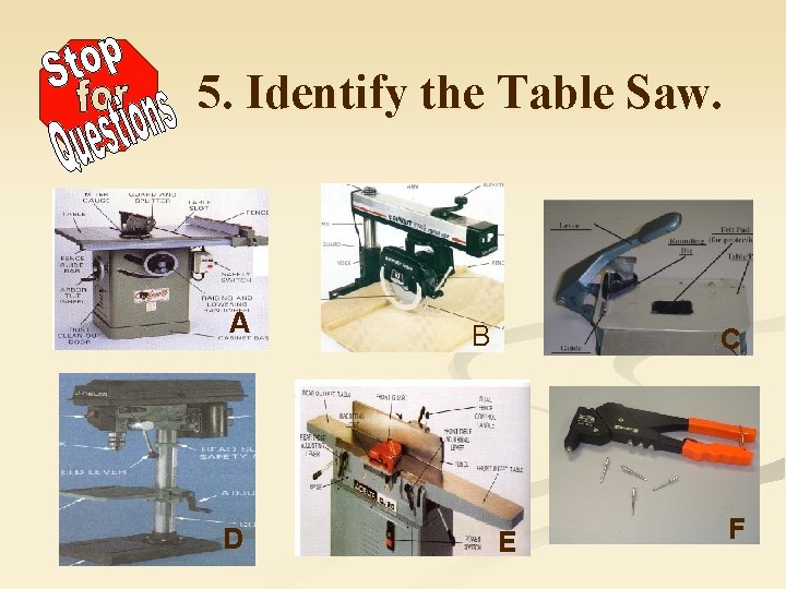 5. Identify the Table Saw. A D B C E F 