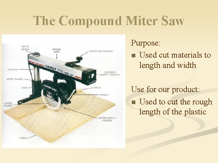 The Compound Miter Saw Purpose: n Used cut materials to length and width Use
