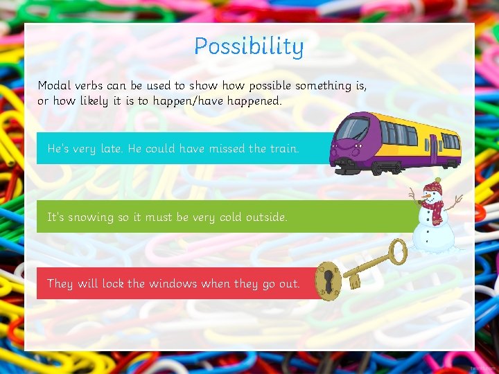 Possibility Modal verbs can be used to show possible something is, or how likely