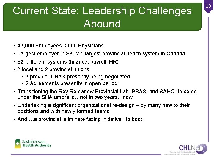 Current State: Leadership Challenges Abound • • 43, 000 Employees, 2500 Physicians Largest employer
