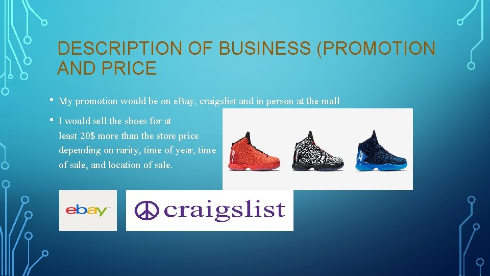 DESCRIPTION OF BUSINESS (PROMOTION AND PRICE • My promotion would be on e. Bay,