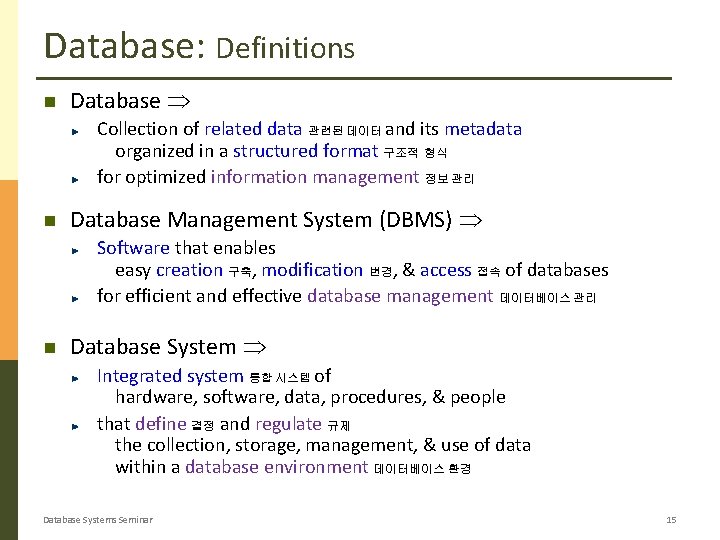 Database: Definitions Database Collection of related data 관련된 데이터 and its metadata organized in