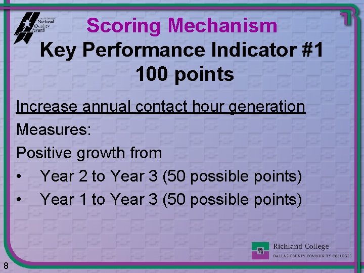Scoring Mechanism Key Performance Indicator #1 100 points Increase annual contact hour generation Measures: