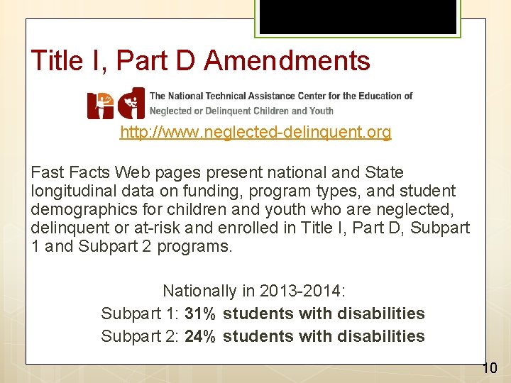 Title I, Part D Amendments http: //www. neglected-delinquent. org Fast Facts Web pages present