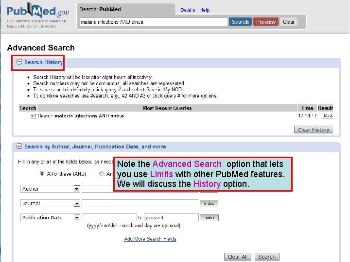 Note the Advanced Search option that lets you use Limits with other Pub. Med