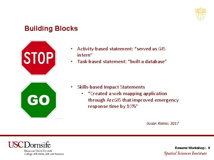Building Blocks • Activity-based statement: “served as GIS intern” • Task-based statement: “built a