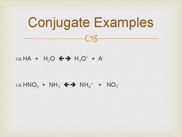 Conjugate Examples HA + H 2 O H 3 O+ + A- HNO 3