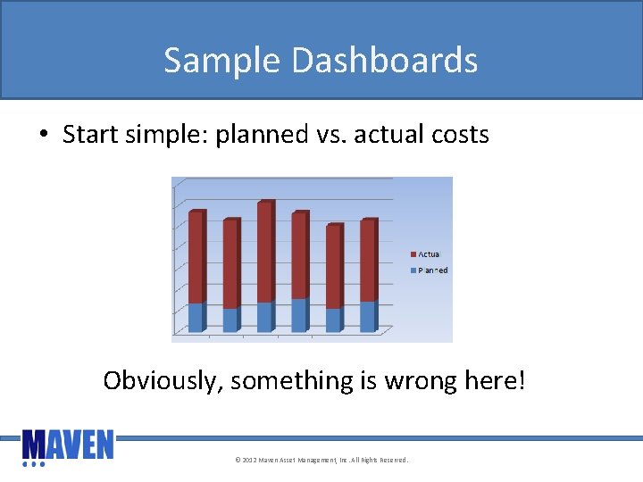 Sample Dashboards • Start simple: planned vs. actual costs Obviously, something is wrong here!