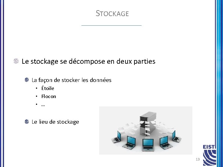 STOCKAGE Le stockage se décompose en deux parties La façon de stocker les données