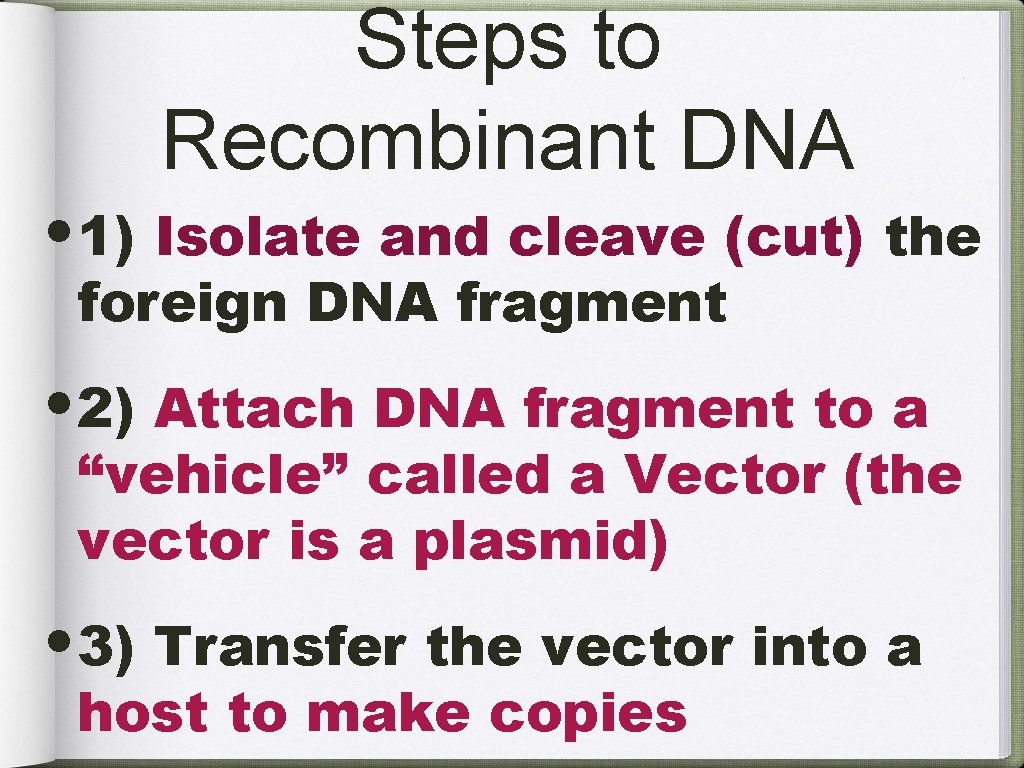 Steps to Recombinant DNA • 1) Isolate and cleave (cut) the foreign DNA fragment