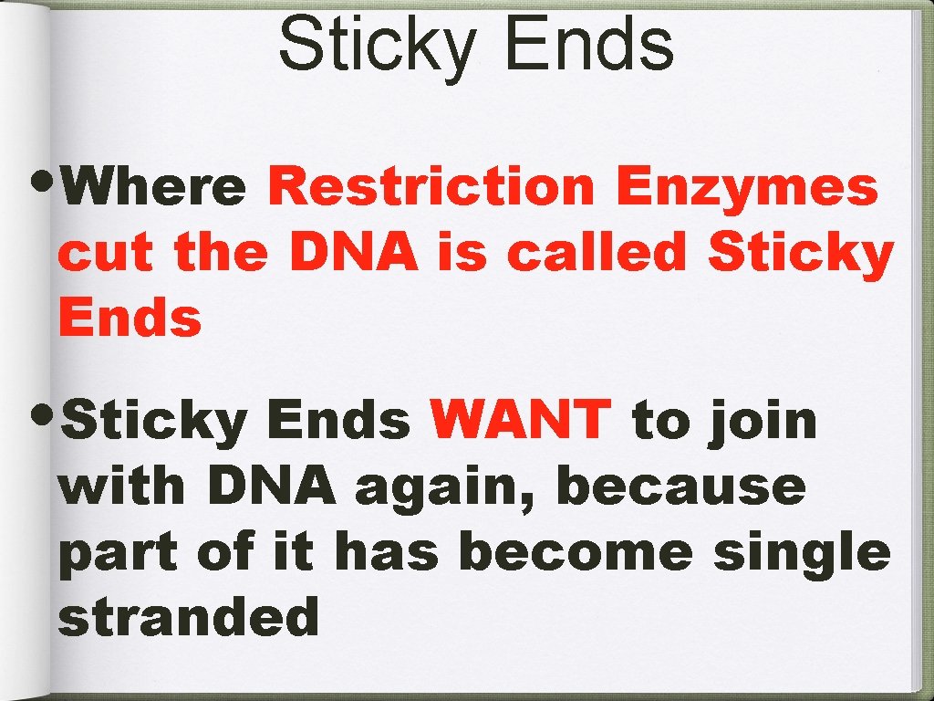 Sticky Ends • Where Restriction Enzymes cut the DNA is called Sticky Ends •