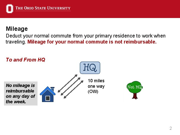 Mileage Deduct your normal commute from your primary residence to work when traveling. Mileage