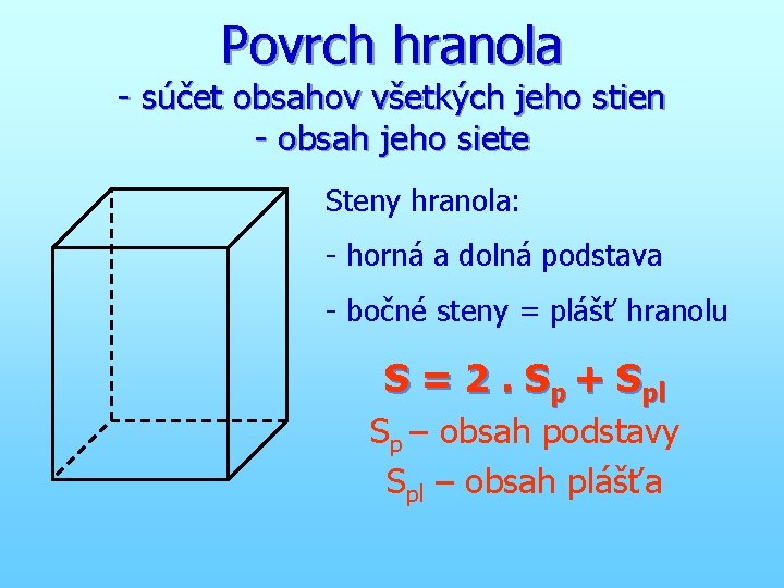 Povrch hranola - súčet obsahov všetkých jeho stien - obsah jeho siete Steny hranola: