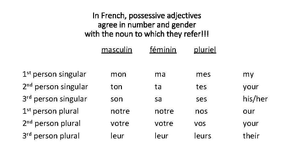 In French, possessive adjectives agree in number and gender with the noun to which