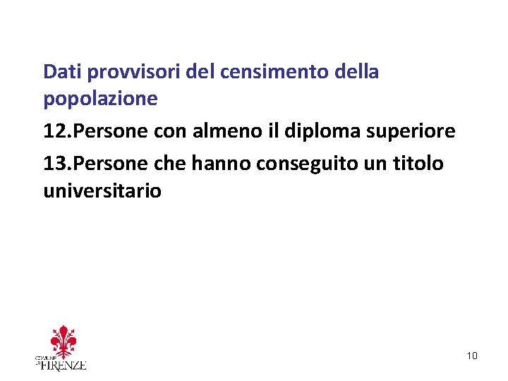 Dati provvisori del censimento della popolazione 12. Persone con almeno il diploma superiore 13.