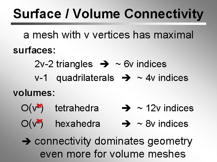 Surface / Volume Connectivity a mesh with v vertices has maximal surfaces: 2 v-2