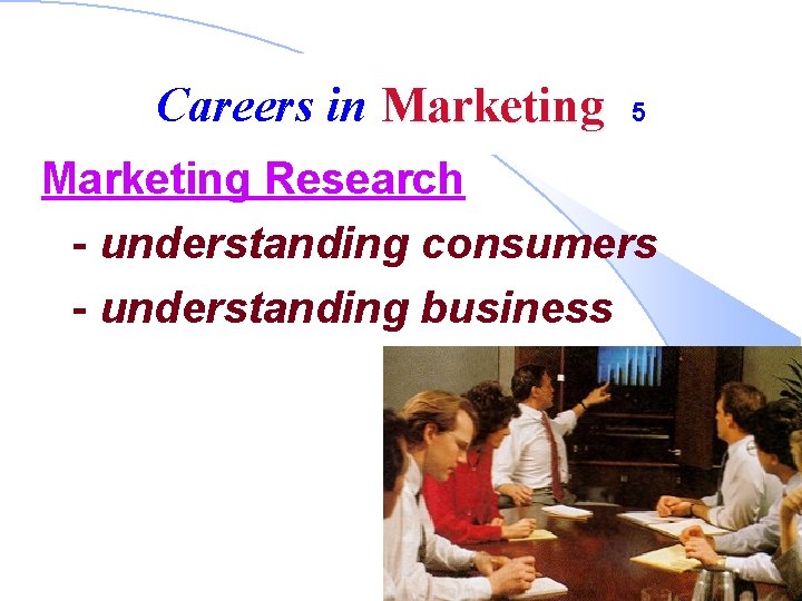 Careers in Marketing 5 Marketing Research - understanding consumers - understanding business 