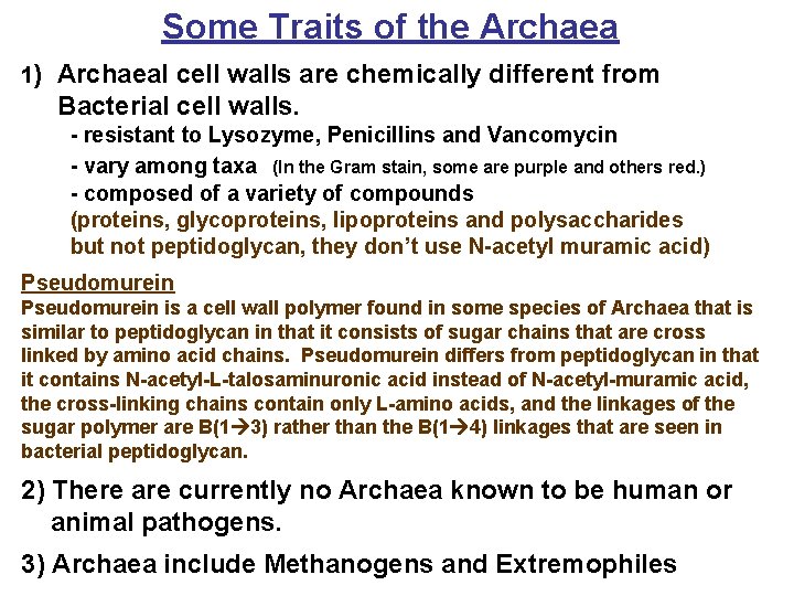 Some Traits of the Archaea 1) Archaeal cell walls are chemically different from Bacterial