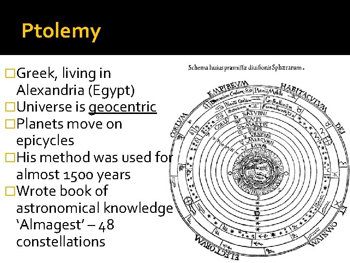 Ptolemy �Greek, living in Alexandria (Egypt) �Universe is geocentric �Planets move on epicycles �His