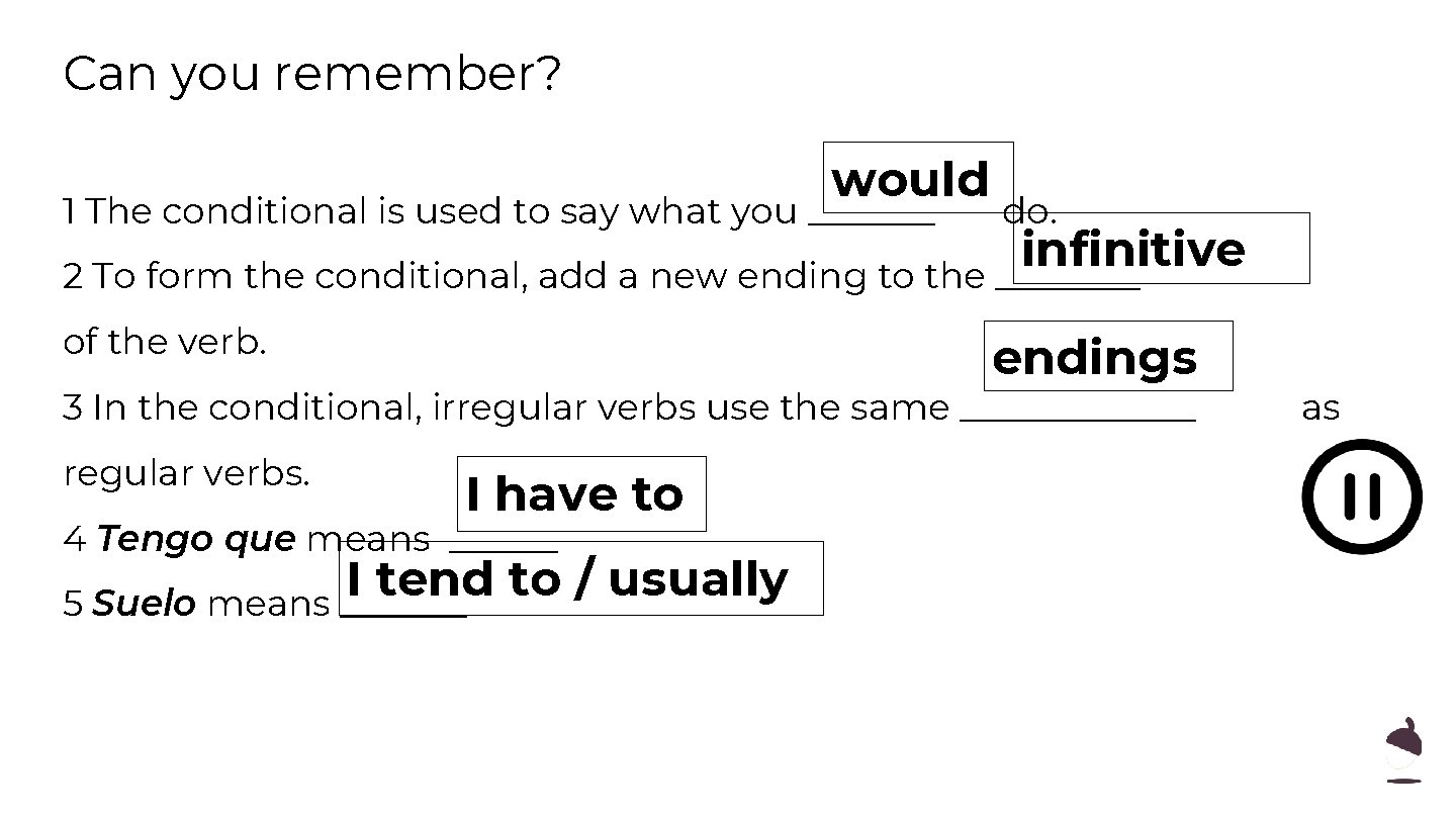 Can you remember? would 1 The conditional is used to say what you _______