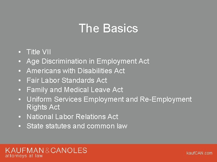 The Basics • • • Title VII Age Discrimination in Employment Act Americans with