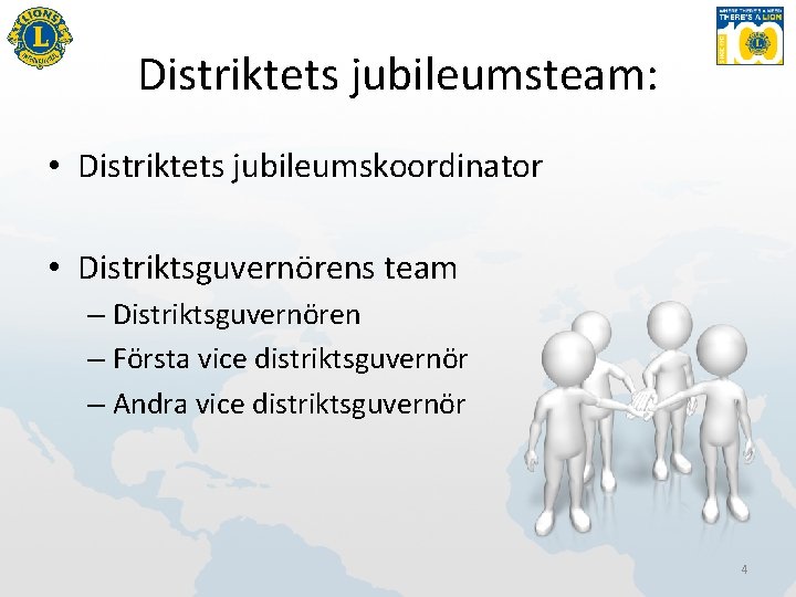 Distriktets jubileumsteam: • Distriktets jubileumskoordinator • Distriktsguvernörens team – Distriktsguvernören – Första vice distriktsguvernör
