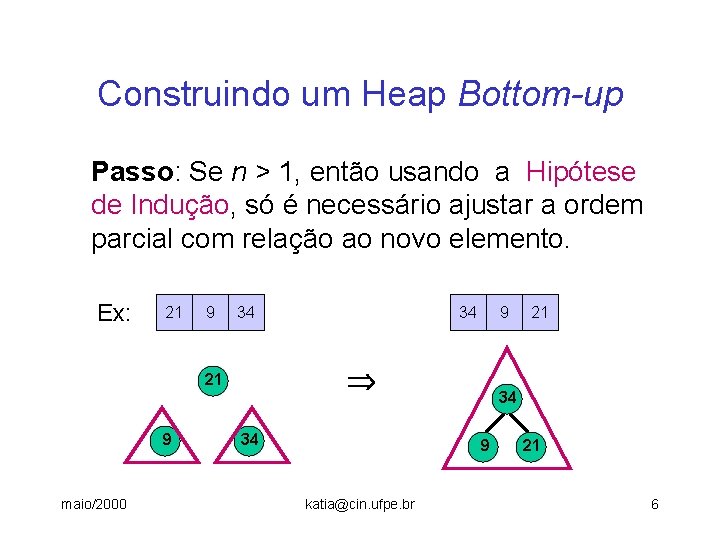 Construindo um Heap Bottom-up Passo: Se n > 1, então usando a Hipótese de