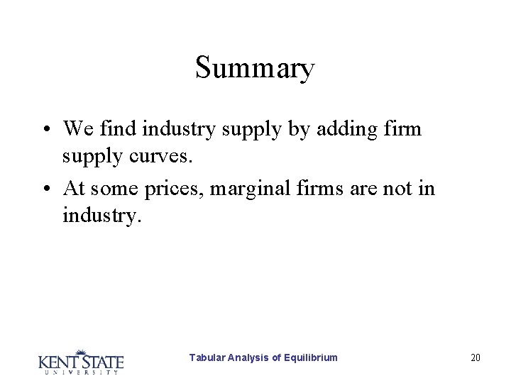 Summary • We find industry supply by adding firm supply curves. • At some