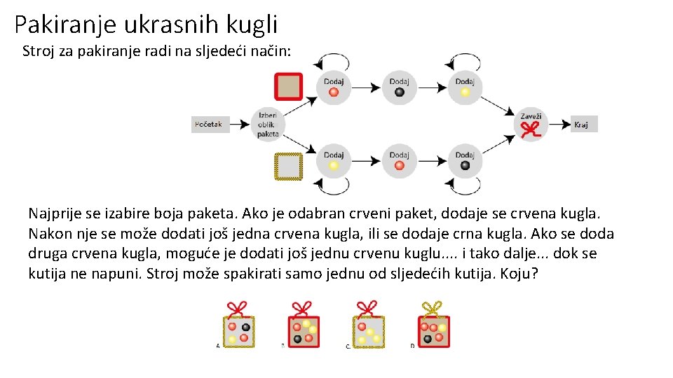 Pakiranje ukrasnih kugli Stroj za pakiranje radi na sljedeći način: Najprije se izabire boja