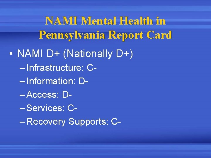NAMI Mental Health in Pennsylvania Report Card • NAMI D+ (Nationally D+) – Infrastructure: