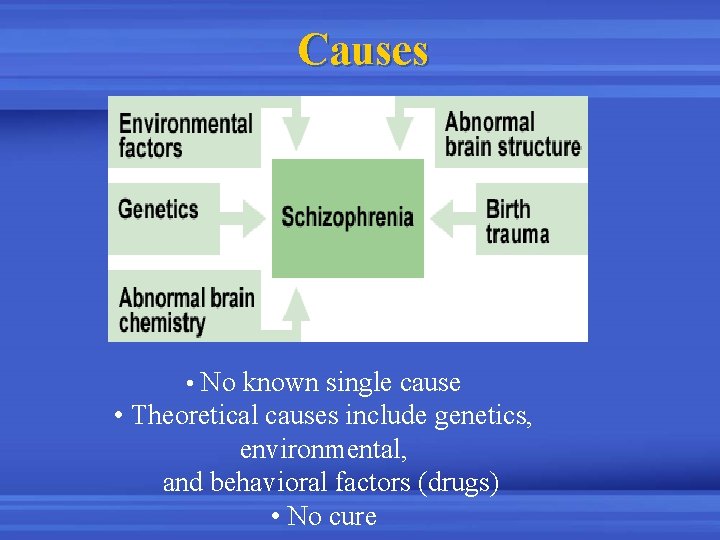 Causes • No known single cause • Theoretical causes include genetics, environmental, and behavioral