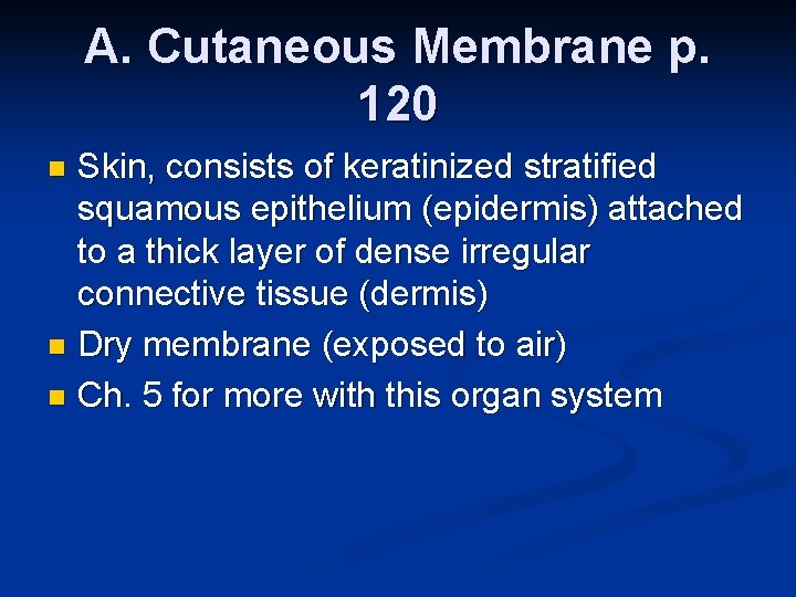 A. Cutaneous Membrane p. 120 Skin, consists of keratinized stratified squamous epithelium (epidermis) attached