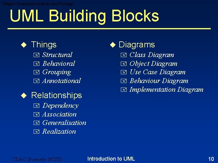 Object Oriented Analysis and Design UML Building Blocks u Things + + u Structural Object Oriented Analysis and Design UML Building Blocks u Things + + u Structural