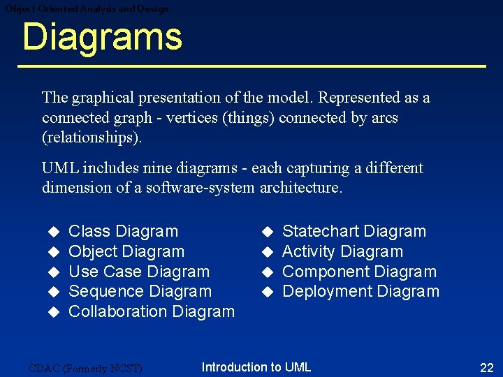 Object Oriented Analysis and Design Diagrams The graphical presentation of the model. Represented as Object Oriented Analysis and Design Diagrams The graphical presentation of the model. Represented as