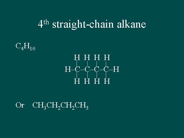 th 4 straight-chain alkane C 4 H 10 H H H–C–C–H H H Or