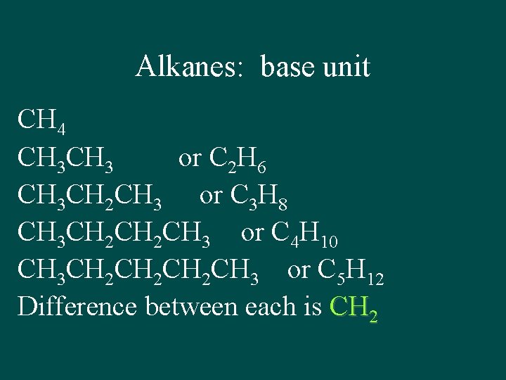 Alkanes: base unit CH 4 CH 3 or C 2 H 6 CH 3