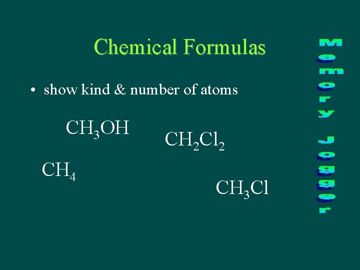 Chemical Formulas • show kind & number of atoms CH 3 OH CH 4