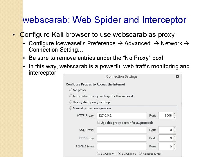 webscarab: Web Spider and Interceptor • Configure Kali browser to use webscarab as proxy