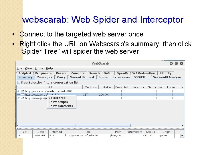 webscarab: Web Spider and Interceptor • Connect to the targeted web server once •