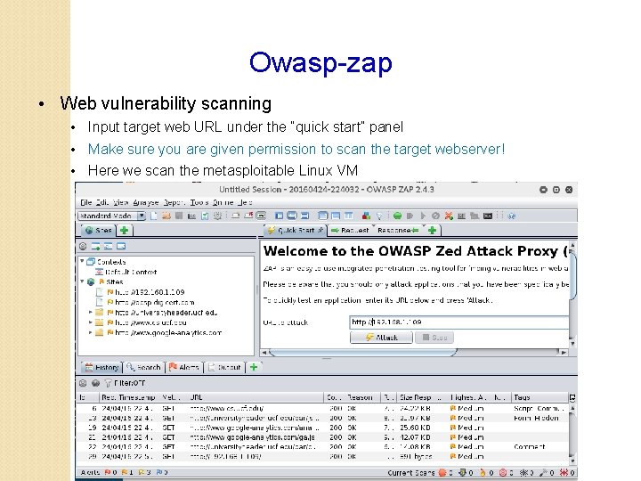 Owasp-zap • Web vulnerability scanning • Input target web URL under the “quick start”