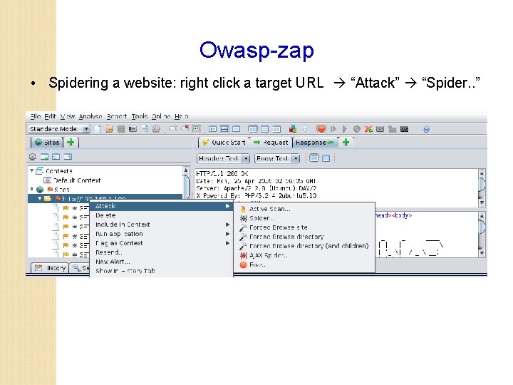 Owasp-zap • Spidering a website: right click a target URL “Attack” “Spider. . ”