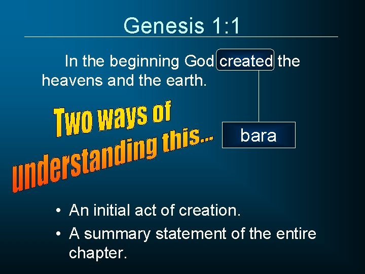 Genesis 1: 1 In the beginning God created the heavens and the earth. bara