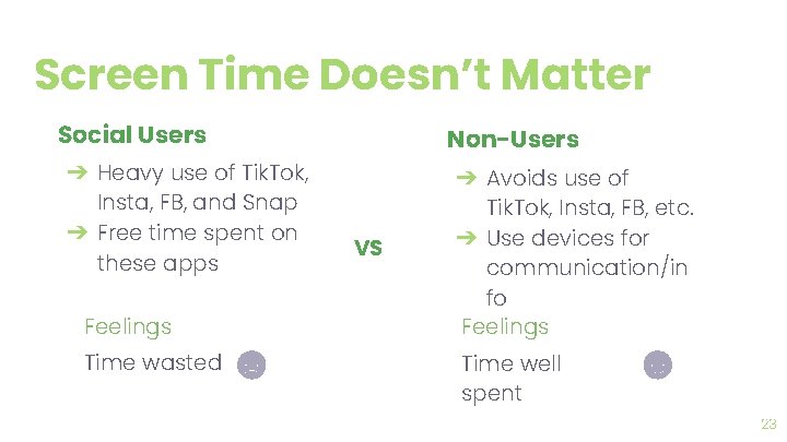 Screen Time Doesn’t Matter Social Users ➔ Heavy use of Tik. Tok, Insta, FB,