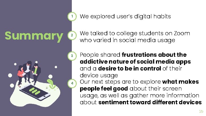 Summary 1 We explored user’s digital habits 2 We talked to college students on