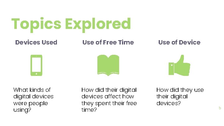 Topics Explored Devices Used What kinds of digital devices were people using? Use of